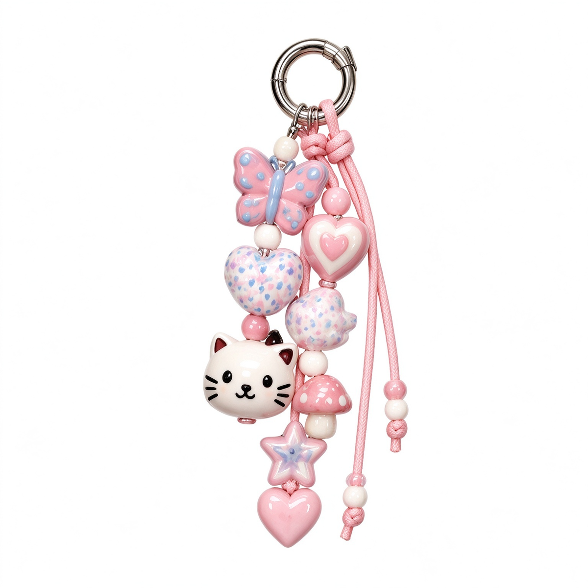 Pink Cat Butterfly Heart Beaded Bag Charm