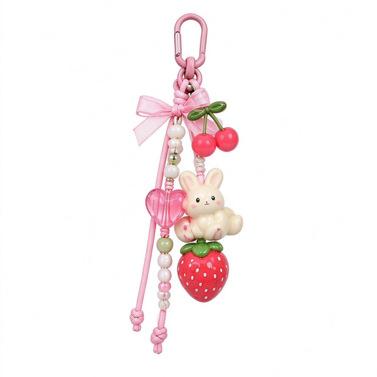 Pink Bunny & Strawberry Beaded Bag Charm