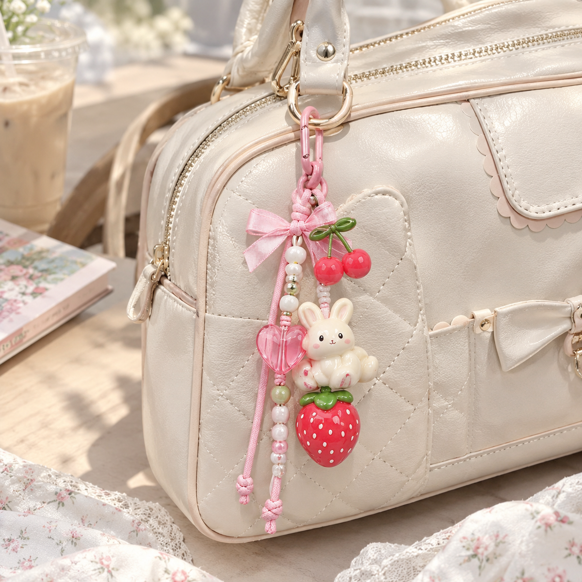 Pink Bunny & Strawberry Beaded Bag Charm