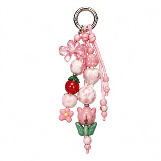 Pink Floral Heart & Tulip Beaded Bag Charm