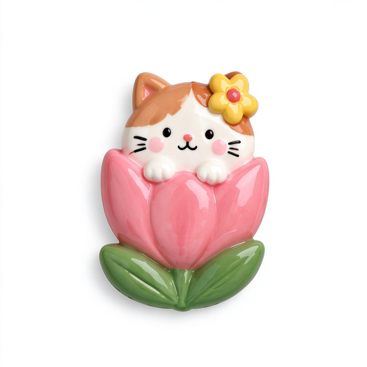 Cute Cat in Pink Flower Ceramic Fridge Magnet