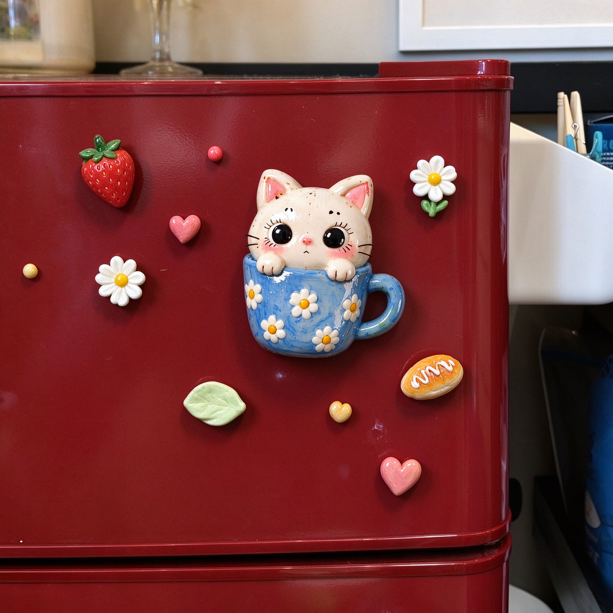 Cute Cat Peeking from Blue Daisy Mug Fridge Magnet