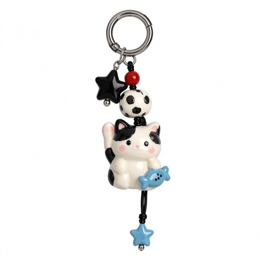 Black & White Cat with Blue Fish Bag Charm