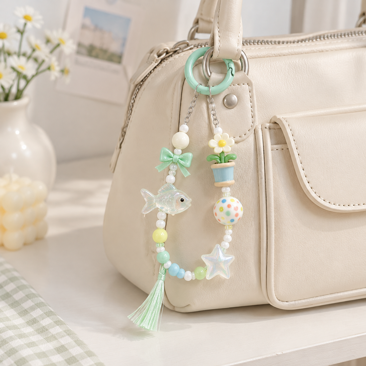 Mint Pastel Whimsical Beaded Bag Charm