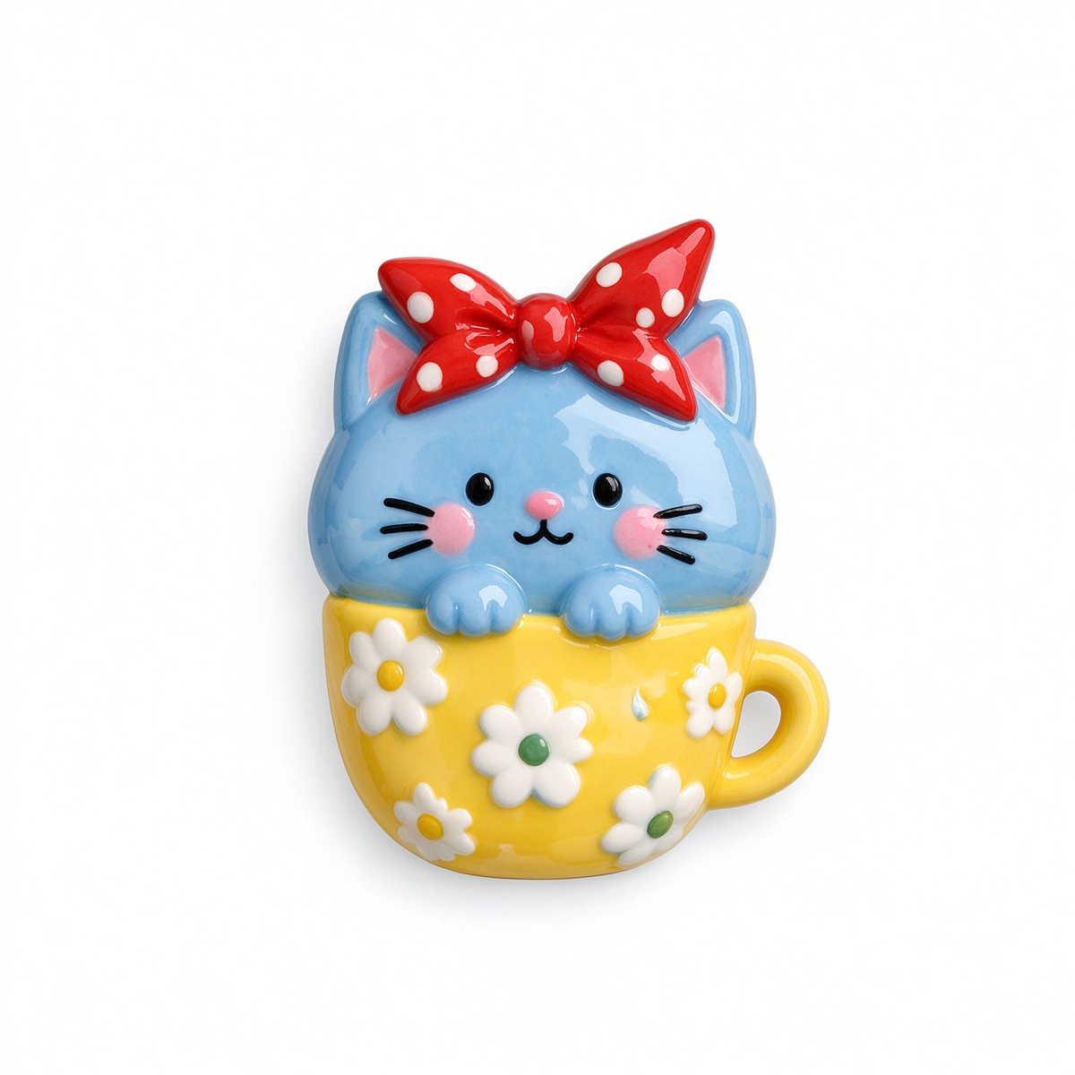 Blue Cat in Yellow Floral Cup Fridge Magnet