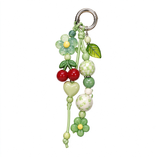 Green Floral Cherry Beaded Bag Charm