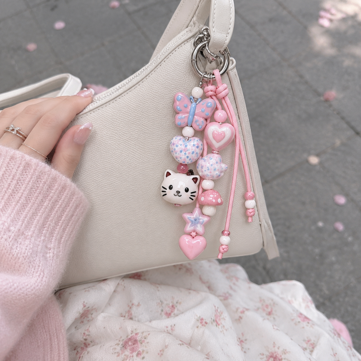Pink Cat Butterfly Heart Beaded Bag Charm