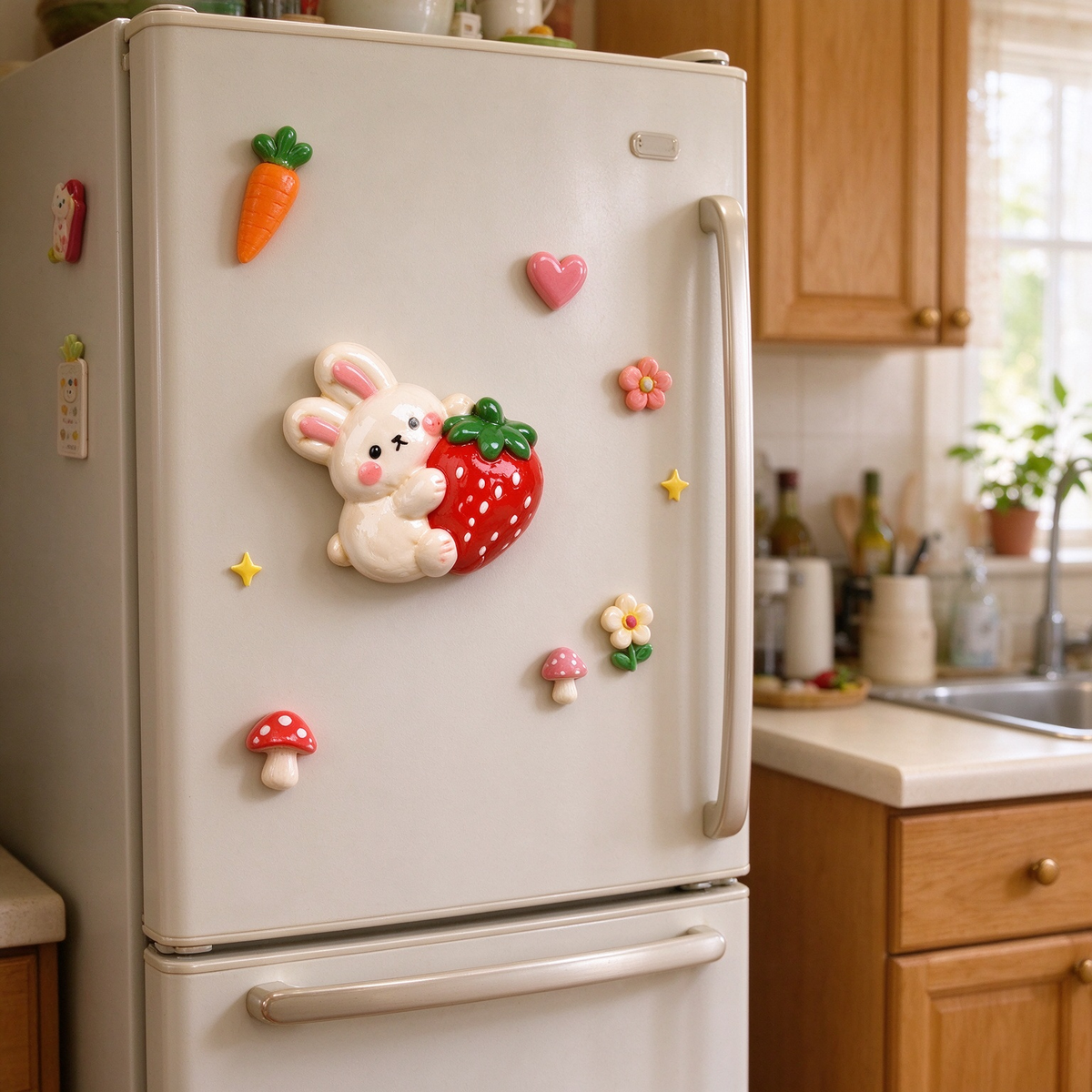 Cute Bunny Hugging Strawberry Fridge Magnet