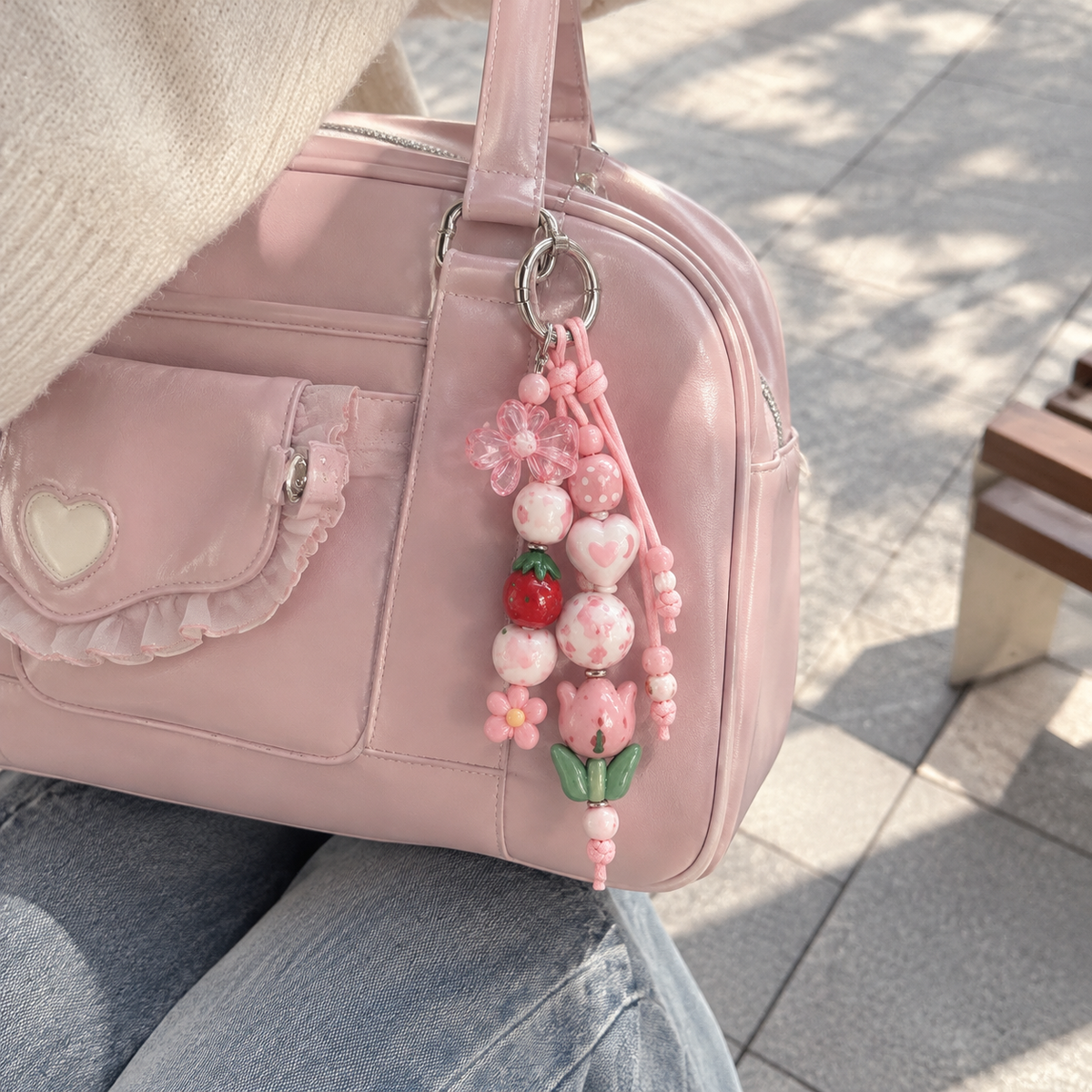 Pink Floral Heart & Tulip Beaded Bag Charm