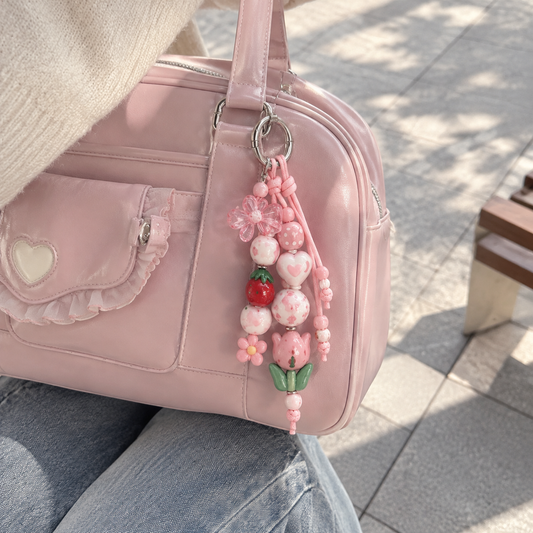 Pink Floral Heart & Tulip Beaded Bag Charm