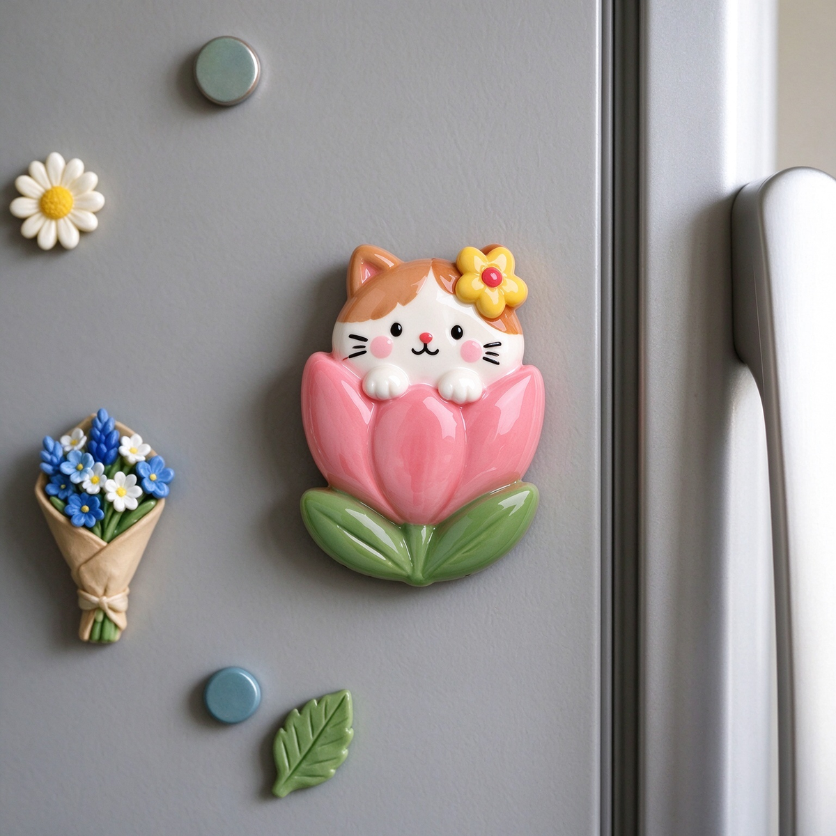 Cute Cat in Pink Flower Ceramic Fridge Magnet