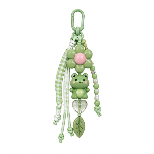 Green Frog Flower & Leaf Beaded Bag Charm