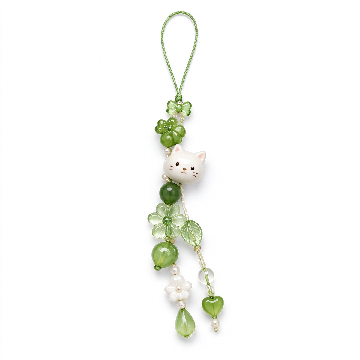 Green Cat Clover Heart Phone Charm