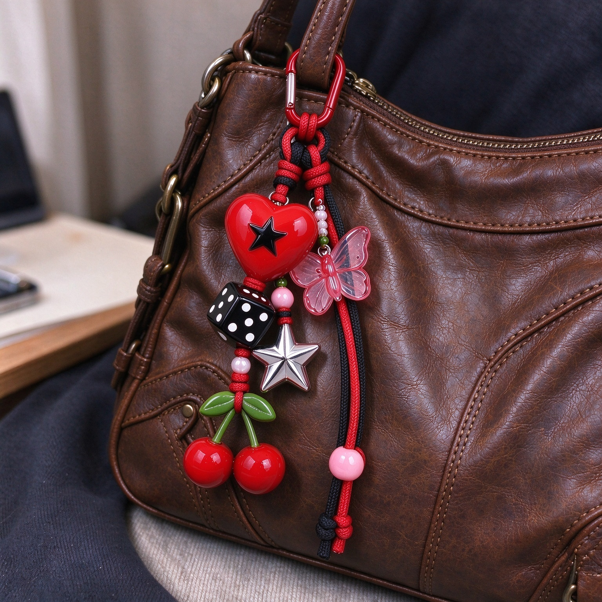 Red & Black Cherry Heart Dice Bag Charm