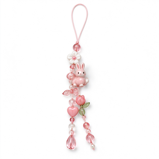 Pink Bunny Tulip Beaded Phone Charm