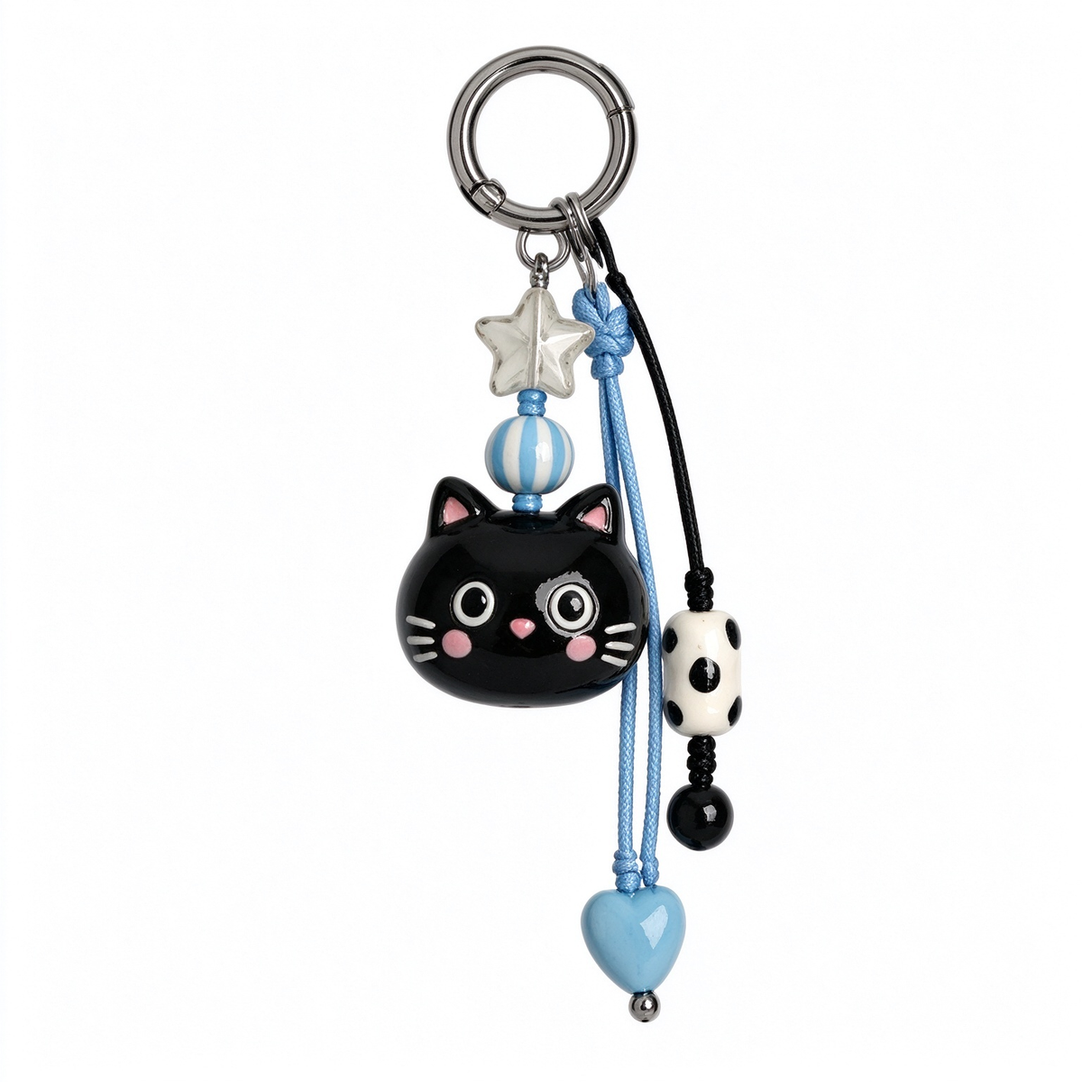 Black Cat & Blue Heart Beaded Bag Charm