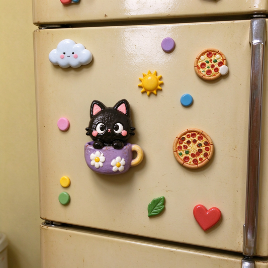Black Cat in Purple Mug Ceramic Fridge Magnet