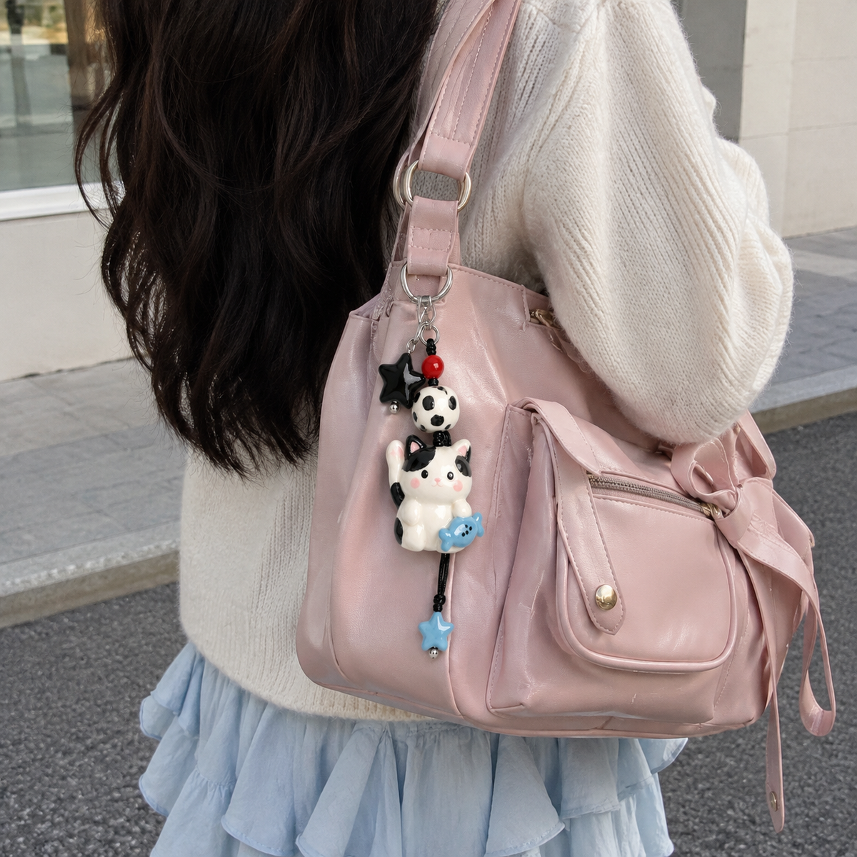 Black & White Cat with Blue Fish Bag Charm