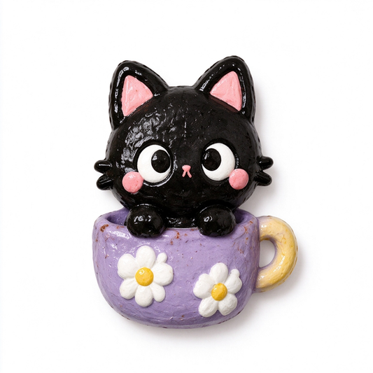 Black Cat in Purple Mug Ceramic Fridge Magnet