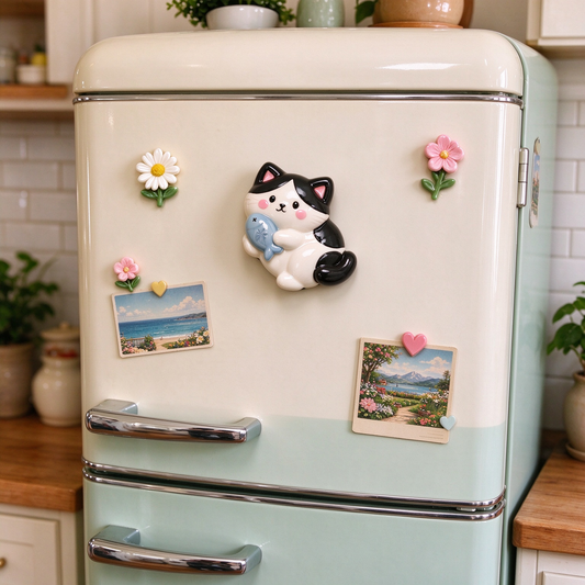 Black and White Cat with Blue Fish Ceramic Fridge Magnet