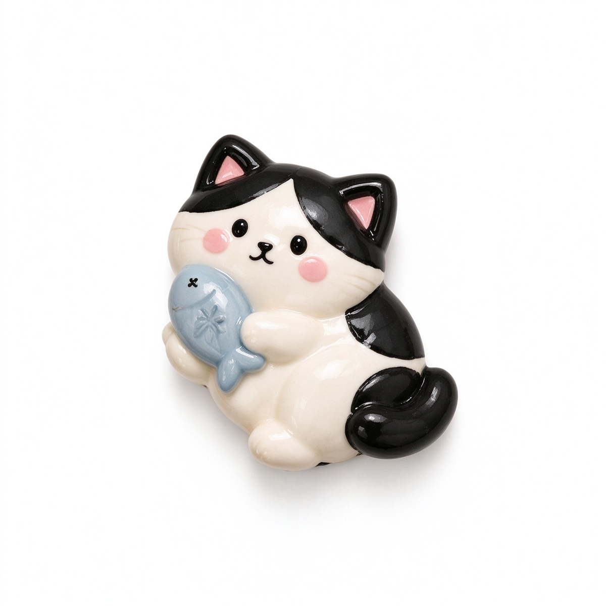Black and White Cat with Blue Fish Ceramic Fridge Magnet