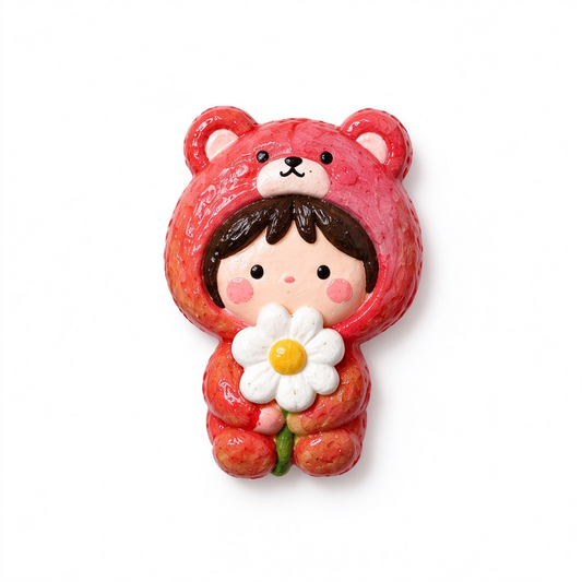 Bear Hood Girl with Daisy Ceramic Fridge Magnet
