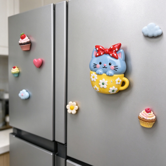 Blue Cat in Yellow Floral Cup Fridge Magnet